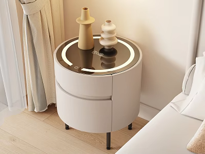 Modern White Leather Chest of Drawers With LED Strip And Vases In Bedroom Corner 3d model