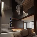 Modern Double Height Interior Design With Staircase Blue Sculpture Pendant Lights And Sofa Plant