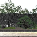 Scenic Wall With Black Stone Texture Pine Tree Rocks Grass And Bottom Lighting 3d model