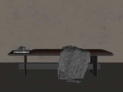 Modern Minimalist Sofa Bench With Brown Cushion Black Frame Checkered Blanket And Tray 3d model