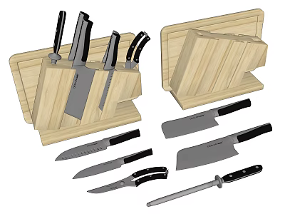 Wooden Knife Block With Assorted Kitchen Knives And Various Blade Sizes 3d model