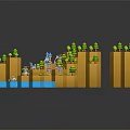 Cartoon Scene With Island Yellow Hills Green Trees Blue Water Small Houses And Characters