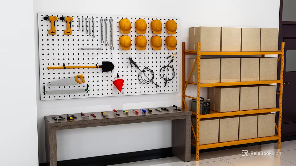 Organized Hardware Tools Display With Pegboard Wall Various Tools Yellow Hard Hats And Metal Shelves 3d model 