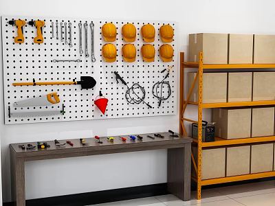 Organized Hardware Tools Display With Pegboard Wall Various Tools Yellow Hard Hats And Metal Shelves 3d model