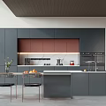 Modern Dark Gray Kitchen With Brown Upper Cabinets White Countertop Island And Chairs