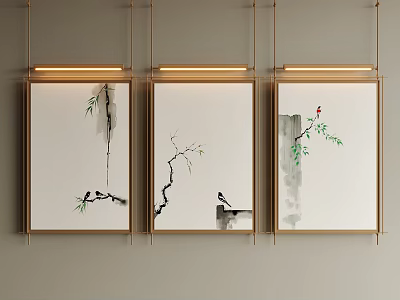 Three Chinese Ink Wash Landscape Paintings With Bamboo Branches Birds Rock And Red Fruits 3d model