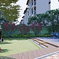 Residential Landscape With Lush Trees Greenery Wooden Deck Lawn And Flower Beds