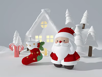 Christmas Window Display Featuring Santa Claus Figure Christmas Stocking And Snow Covered Trees 3d model