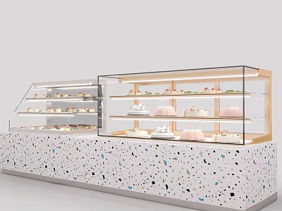 Glass Door Display Shelves For Pastries With Colorful Speckled Countertop And Cake Displays 3d model