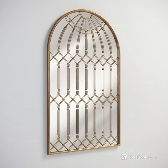Arched Decorative Mirror with Gold Frame and Geometric Grid Pattern Hanging on White Wall 3d model 