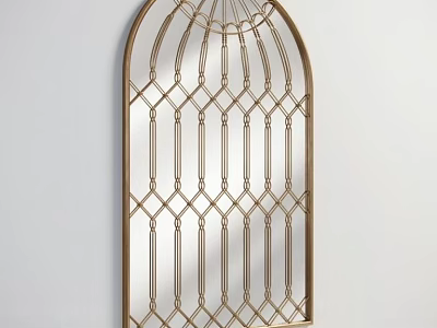 Arched Decorative Mirror with Gold Frame and Geometric Grid Pattern Hanging on White Wall 3d model