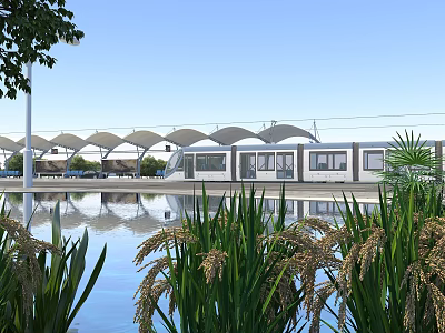 Scenic Water View With Reflections Tall Grasses Modern Canopies And Train Under Blue Sky 3d model