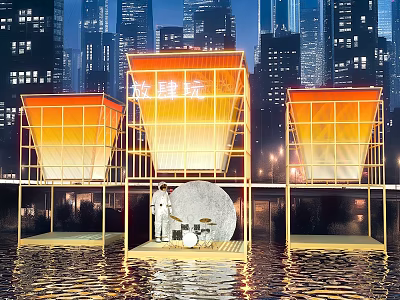 Orange Sunshades Illuminated In City Night With Water Reflection And Moon Object 3d model