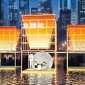 Orange Sunshades Illuminated In City Night With Water Reflection And Moon Object