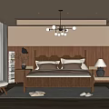 Modern Wooden Bedroom Interior With Headboard Bed Bookshelf Window Rug Book Slippers And Chandelier