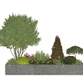 Gray Flower Bed Planter With Green Tree Red Conical Shrub And Low Growing Flowers