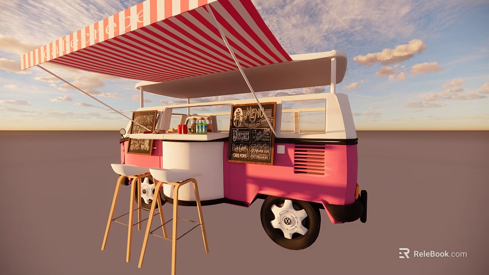 Pink Food Truck With Red And White Striped Awning Bar Counter And Wooden Stools 3d model 