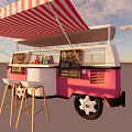 Pink Food Truck With Red And White Striped Awning Bar Counter And Wooden Stools