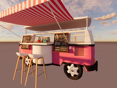 Pink Food Truck With Red And White Striped Awning Bar Counter And Wooden Stools 3d model