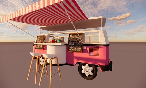 Retro Pink Mobile Dining Car Fast Food Restaurant Beverage Shop 3d model