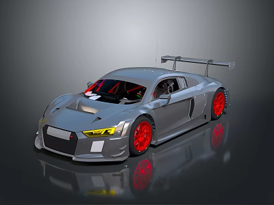 Silver High Performance Race Car With Red Rims Rear Spoiler And Yellow Headlights 3d model