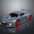 Silver High Performance Race Car With Red Rims Rear Spoiler And Yellow Headlights