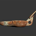 Ancient Carved Oil Lamp In Red Brown With Blue Accents And Decorative Handle