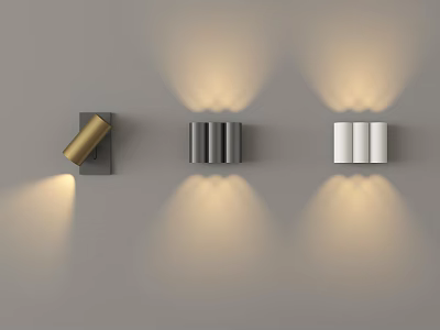 Modern Wall Lamps In Gold Silver White Designs Mounted On Gray Wall With Warm Lighting 3d model