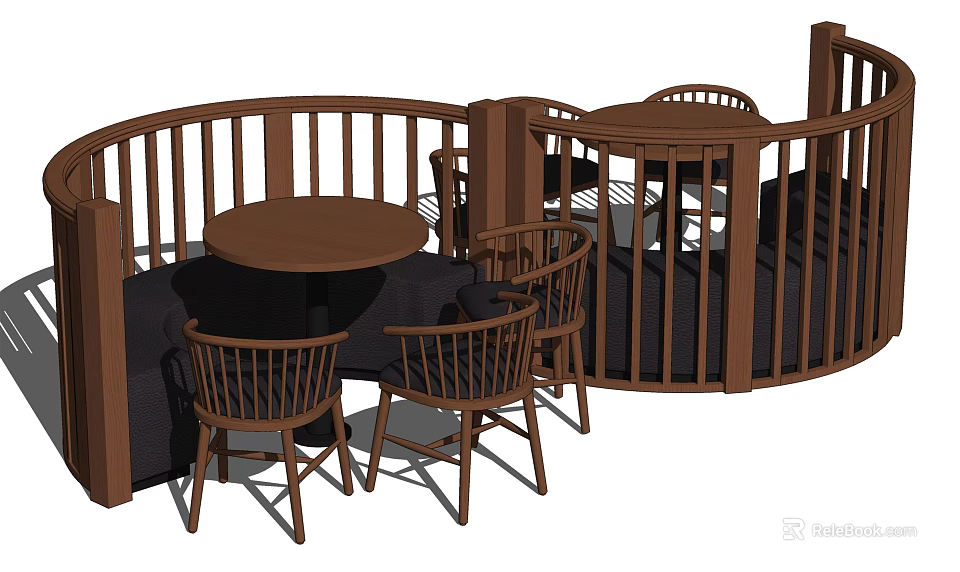 Outdoor Wooden Public Chairs With Round Table And Railing Seating Setup 3d model