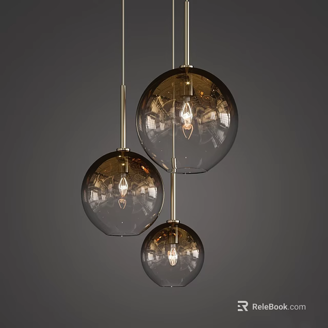 Modern Three Glass Globe Hanging Pendant Lights with Clear Bulbs and Metal Rods 3d model 
