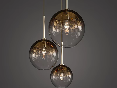 Modern Three Glass Globe Hanging Pendant Lights with Clear Bulbs and Metal Rods 3d model