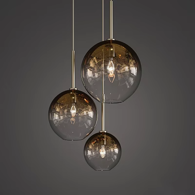 Modern Three Glass Globe Hanging Pendant Lights with Clear Bulbs and Metal Rods 3d model