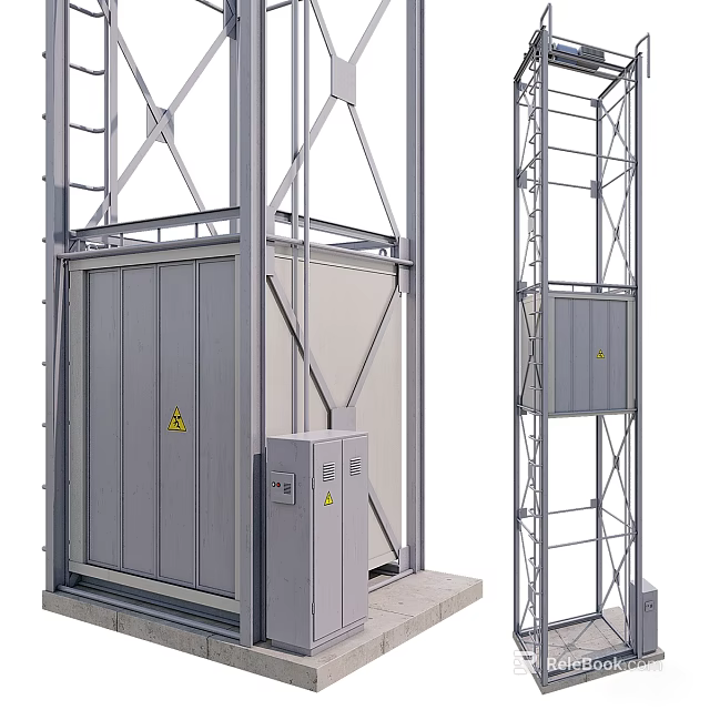 Industrial Elevator Structure With Metal Frame And Gray Door Featuring Warning Signs 3d model