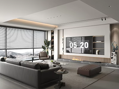Modern Minimalist Living Room Interior With Panoramic View Window Inbuilt TV And Cozy Fireplace 3d model