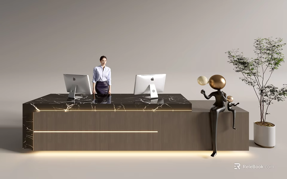Modern Reception Desk Area With Receptionist Computers Marble Countertop And Decorative Elements 3d model 