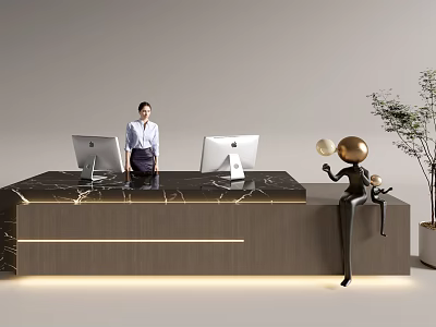 Modern Reception Desk Area With Receptionist Computers Marble Countertop And Decorative Elements 3d model