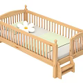 Wooden Children's Bed With Guardrails Small Ladder Light Green Blanket And White Flower Pillow
