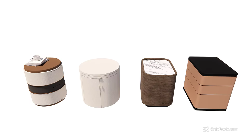 Modern Bedside Tables With Round Square Shapes Leather Marble And Fabric Materials 3d model 