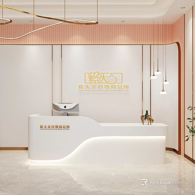 Modern Reception Desk Interior Design With White Counter And Pendant Lights 3d model 