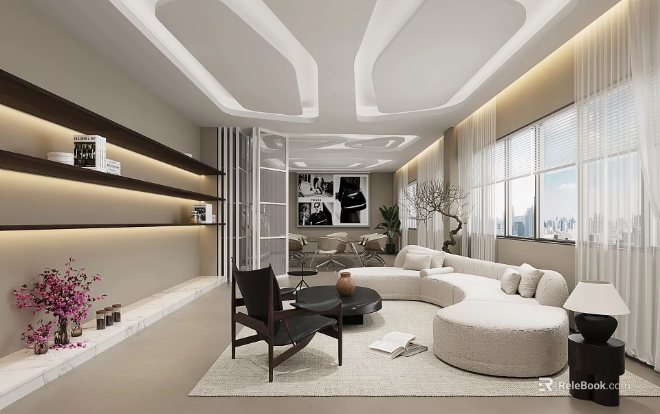 Modern Office Interior Design With Curved Sofa Bookshelves Potted Plant And City View 3d model 