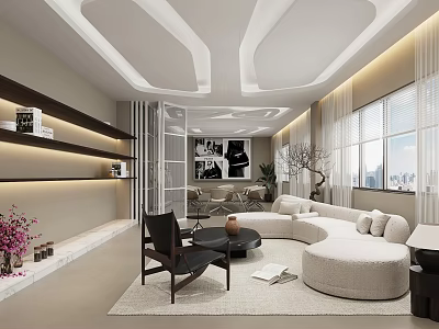 Modern Office Interior Design With Curved Sofa Bookshelves Potted Plant And City View 3d model