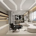 Modern Office Interior Design With Curved Sofa Bookshelves Potted Plant And City View
