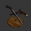 Vintage Crossed Pistols Display On Wooden Base With Metal And Carved Wooden Components