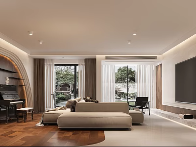 Modern Entertainment Room With Piano Large TV Sofa Floor to Ceiling Windows And Wooden Flooring 3d model