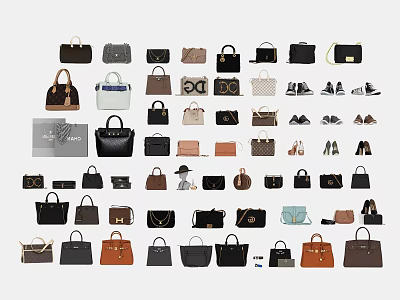 Fashionable Assorted Bags Collection Featuring Different Styles Colors And Matching Shoes 3d model