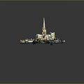 Church Building Model With Tall Spire Yellow White Exterior Green Decor Elements Reflection Base