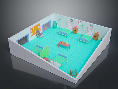 Hospital Ward Interior With Multiple Beds Bedside Tables Central Table And Chairs 3d model