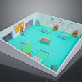 Hospital Ward Interior With Multiple Beds Bedside Tables Central Table And Chairs