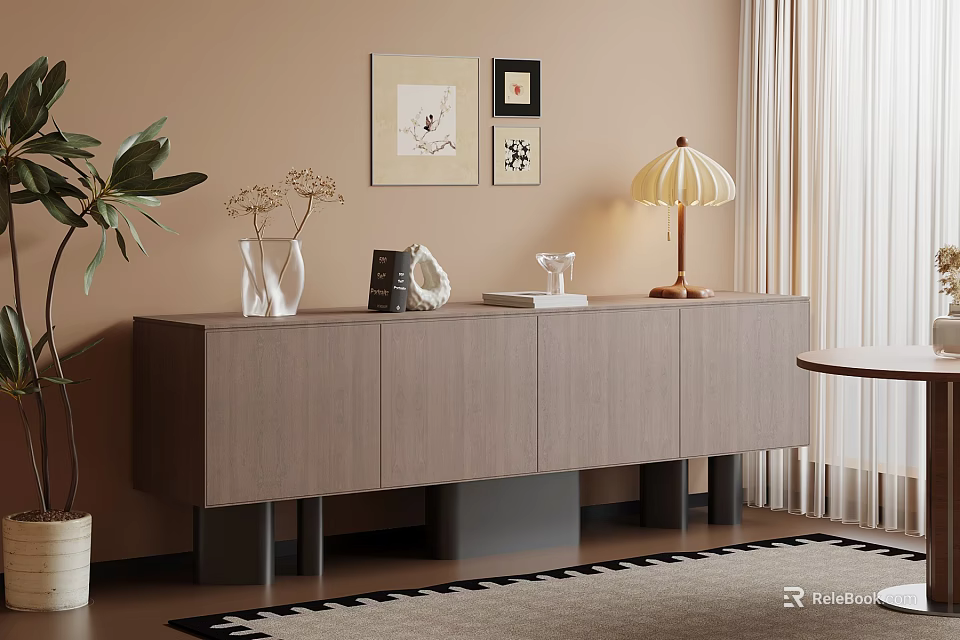 Modern Minimalist Entryway Cabinet and Sideboard with Decorative Vases Books Table Lamp and Wall Art 3d model 