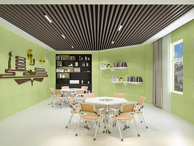 Bright Study Room with Green Walls Wooden Slat Ceiling Bookshelves Round Tables and Wall Decorations 3d model